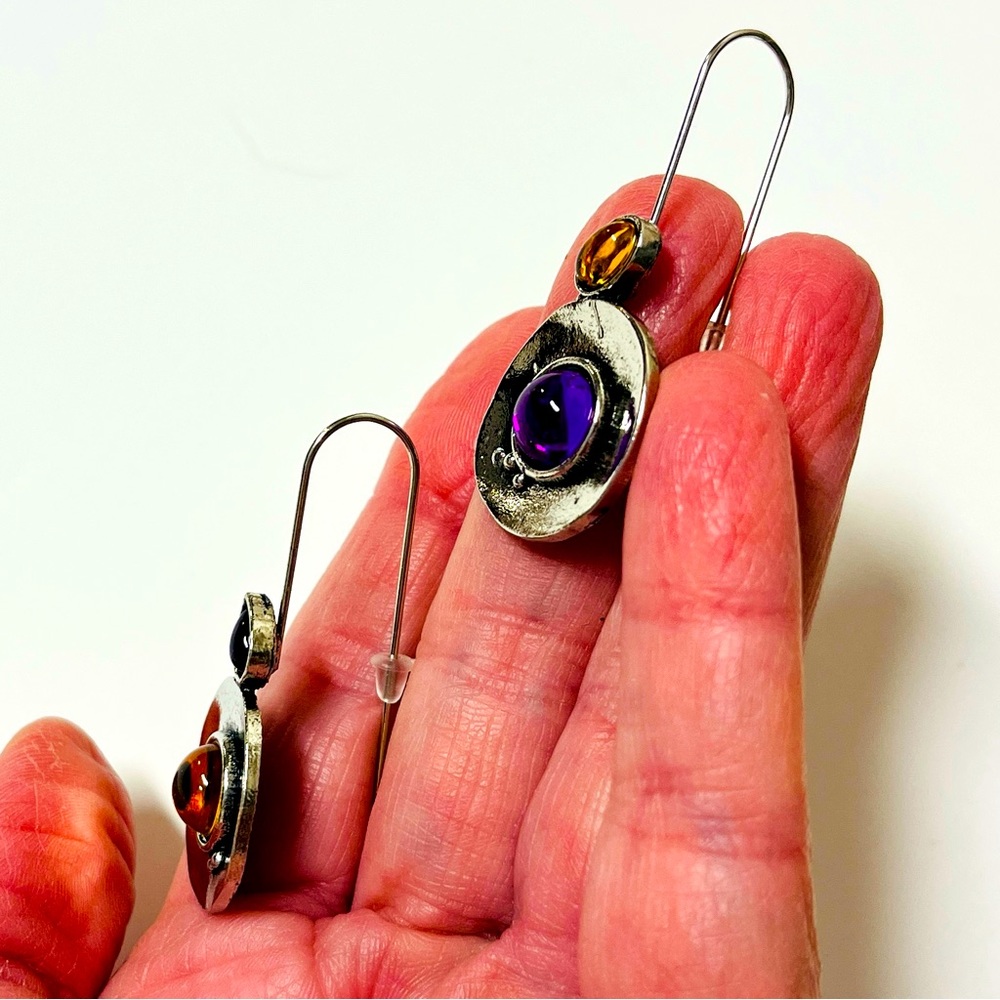 Earrings Dangle NIP  Unique purple and yellow stone silver tone. 2” x .80” - Picture 7 of 9